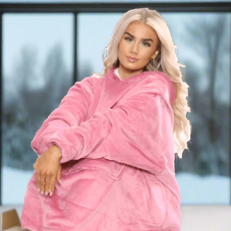 Oversized Sherpa Fleece Hoodie - Pink Hoodie with Hem Drawcord Adjustable Customizable Oversized Sherpa Fleece Hoodie - Pink Hoodie with Hem Drawcord Adjustable Customizable