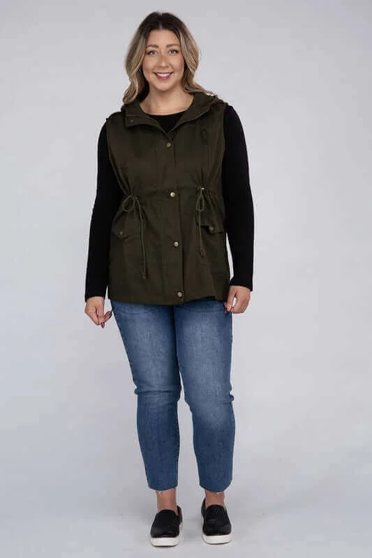 Plus Size Drawstring Waist Military Hoodie Vest Hoodie with Longline Fit Extended Stylish Plus Size Drawstring Waist Military Hoodie Vest Hoodie with Longline Fit Extended Stylish