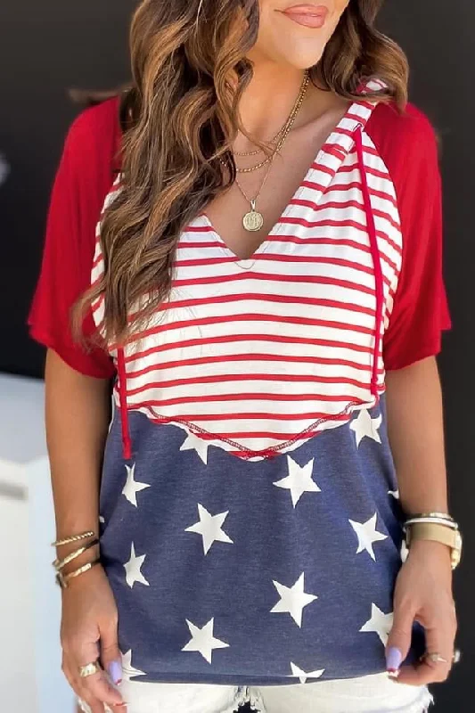 Red Stars and Stripes Drawstring Hooded Tee Hoodie with Hem Applique Textured Unique Red Stars and Stripes Drawstring Hooded Tee Hoodie with Hem Applique Textured Unique