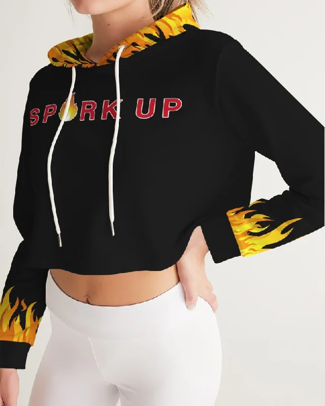 Spark Up - Black Women's Cropped Hoodie Hoodie with Hem Fringe Bohemian Relaxed