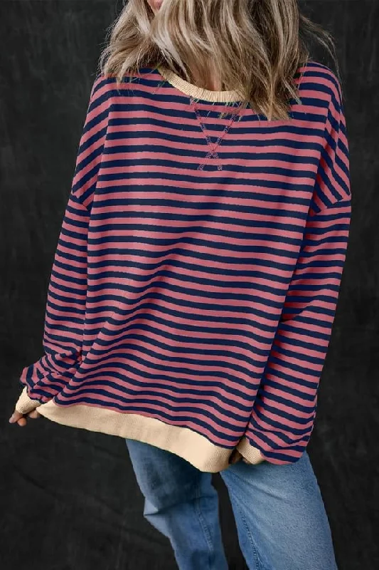 Striped Oversized Contrast Trim Pullover Sweatshirt Hoodie with Hem Ribbing Snug Secure Striped Oversized Contrast Trim Pullover Sweatshirt Hoodie with Hem Ribbing Snug Secure