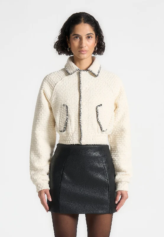 Tweed Whip Stitch Varsity Jacket - Cream Belted Jacket Elasticated Jacket Padded Jacket Tweed Whip Stitch Varsity Jacket - Cream Belted Jacket Elasticated Jacket Padded Jacket