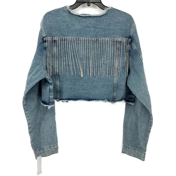 VOCAL RAW EDGE CUT NECK DENIM CROP JACKET WITH STONE FRINGES Oversized Jacket Tailored Jacket Straight Jacket VOCAL RAW EDGE CUT NECK DENIM CROP JACKET WITH STONE FRINGES Oversized Jacket Tailored Jacket Straight Jacket