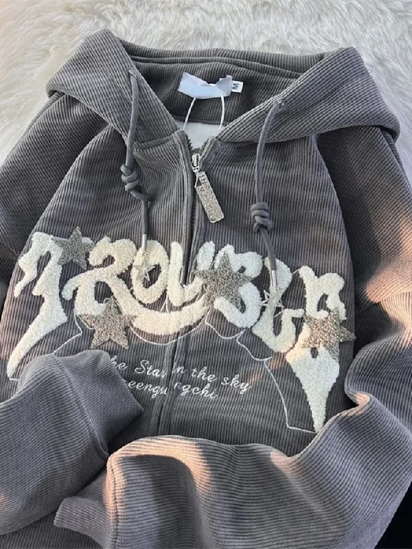 Getadme Women Letter Embroidery Hoodies Autumn Winter Vintage Zipper Long Sleeve Oversized Jacket Coat Harajuku Casual Hooded Sweatshirt Hoodie with Hem Applique Textured Unique Getadme Women Letter Embroidery Hoodies Autumn Winter Vintage Zipper Long Sleeve Oversized Jacket Coat Harajuku Casual Hooded Sweatshirt Hoodie with Hem Applique Textured Unique