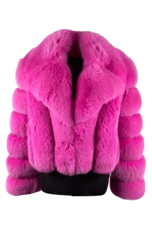 Women's Hot Pink Notch Collar Fox Jacket Style # 6006 Faux Fur Fabric Real Fur Fabric Shearling Fabric Women's Hot Pink Notch Collar Fox Jacket Style # 6006 Faux Fur Fabric Real Fur Fabric Shearling Fabric