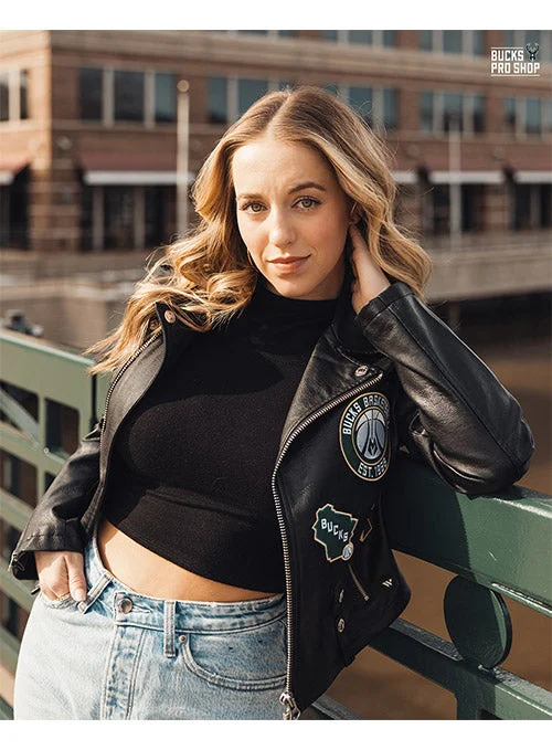 Women's The Wild Collective Multi Logo Milwaukee Bucks Leather Jacket Zippered Front Buttoned Front Snap Front Women's The Wild Collective Multi Logo Milwaukee Bucks Leather Jacket Zippered Front Buttoned Front Snap Front