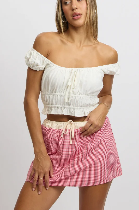 Red Check Mini Skirt Elasticated Waist Satin Contrast low waist skirt