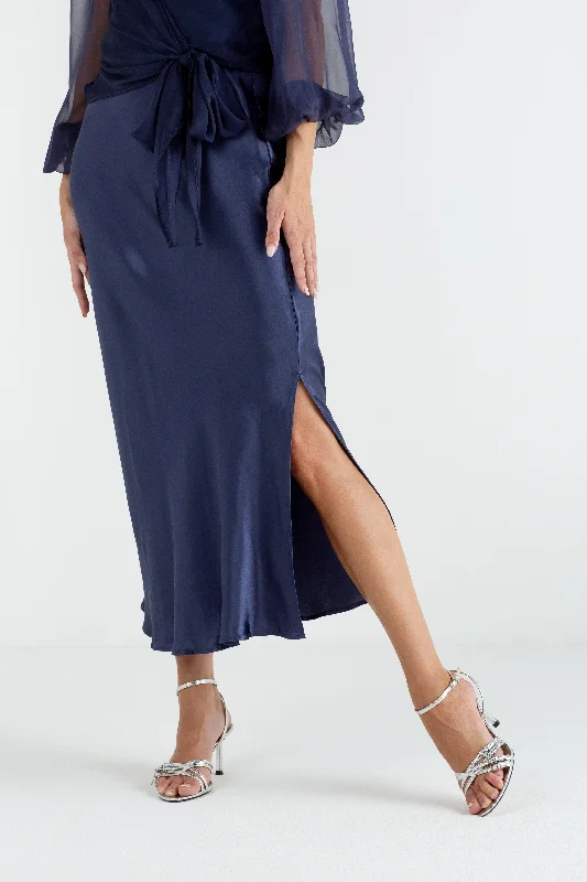"The Orla" - Satin Midi Skirt (Navy) spandex blend skirt